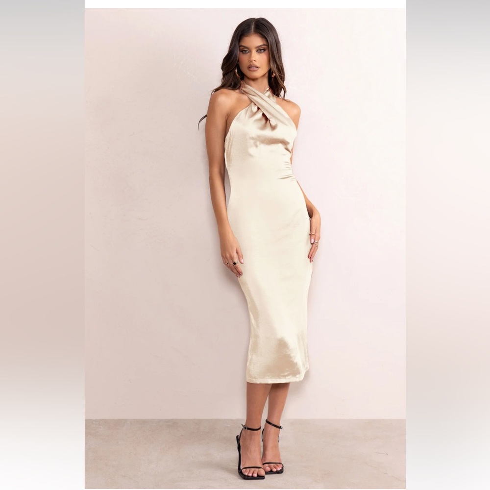 Satin Cross Over Halter Midi Dress